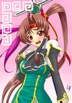  bachou blush breasts brown_hair double_vertical_stripe embarrassed hair_ornament headband impossible_clothes impossible_shirt koihime_musou large_breasts lb long_hair open_mouth ponytail red_eyes ribbon shirt solo very_long_hair 