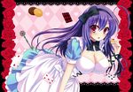  ahoge alice_(wonderland) alice_(wonderland)_(cosplay) alice_in_wonderland bad_id bad_pixiv_id blush breasts card cleavage cookie cosplay dress food hairband key kuroe_(sugarberry) kurokami_medaka large_breasts long_hair medaka_box open_mouth playing_card purple_hair red_eyes solo 