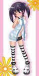  black_hair blush kooh nibi pangya red_eyes solo standing striped striped_legwear thighhighs twintails 