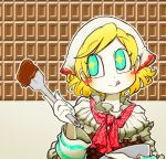  1girl alice_margatroid ascot blonde_hair blue_eyes blush_stickers bowl chamaji chocolate_bar chocolate_making commentary_request eyebrows_visible_through_hair headwear holding holding_bowl kerchief long_sleeves red_neckwear short_hair solo spatula star star-shaped_pupils symbol-shaped_pupils tongue tongue_out touhou 