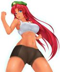  beret bike_shorts blue_eyes braid breasts cameltoe clenched_hands fighting_stance hat highres hong_meiling large_breasts long_hair nikonikosiro open_mouth red_hair shiny shiny_skin shorts solo sports_bra tan touhou twin_braids 