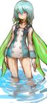  blue_hair blush buttons choker collarbone commentary_request dakusuta eureka eureka_seven eureka_seven_(series) green_wings hair_between_eyes long_sleeves pink_eyes short_hair solo standing wading water wet wings 