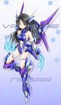  black_hair blue_eyes blue_fire blue_leotard breasts densou_tenshi_valforce elbow_gloves fire full_body gloves highres karukan_(monjya) kuroha_nagare leotard long_hair mecha_musume medium_breasts navel navel_cutout robot_ears solo thigh_strap thrusters white_gloves 