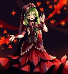  blush bow corset dress frills front_ponytail green_eyes green_hair hair_bow hair_ribbon itak69 kagiyama_hina leaf long_hair open_mouth ribbon smile solo touhou wrist_ribbon 