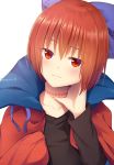  1girl artist_name bangs black_shirt blue_bow blue_ribbon blush bow cape collarbone commentary_request eyebrows_visible_through_hair hair_between_eyes hair_bow hand_up head_tilt high_collar long_sleeves nnyara red_cape red_eyes red_hair ribbon sekibanki shirt short_hair simple_background solo stitches touhou twitter_username upper_body white_background 
