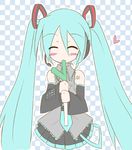  blush checkered checkered_background closed_eyes hatsune_miku heart long_hair nibi skirt solo twintails very_long_hair vocaloid 