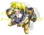  bare_shoulders black_legwear blonde_hair character_name chibi crossed_arms densou_tenshi_valforce dress green_eyes hokyou_mei karukan_(monjya) long_hair mecha power_armor solo spaghetti_strap thighhighs twintails white_dress 