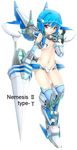  adapted_costume alternate_costume bare_shoulders blue_hair blush breasts crotch_plate densou_tenshi_valforce elbow_gloves gloves hair_ornament highres huge_weapon kannagi_ai karukan_(monjya) lance mecha_musume mechanical_arm no_panties pasties polearm red_eyes revealing_clothes short_hair small_breasts solo thighhighs thrusters underboob weapon 