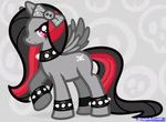  black_hair bow collar cutie_mark emo equine female fur goth grey_fur grey_theme hair hair_bow horse looking_at_viewer low_res mammal multi-colored_hair my_little_pony pattern_background pegasus pony red_hair spiked_bracelet spiked_collar studded_bracelet two_tone_hair unknown_artist wings 