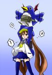  blue_hat blue_legwear brown_eyes brown_hair disgaea hat jacket karukan_(monjya) kazamatsuri_fuuka long_hair makai_senki_disgaea_4 open_clothes open_jacket penguin_hat pleated_skirt prinny school_uniform skirt thighhighs twintails very_long_hair 