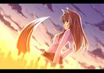  animal_ears blush brown_hair fang horo long_hair necklace sky spice_and_wolf sunset tail wolfgirl 