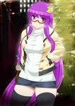  :&lt; alternate_costume bespectacled black_legwear breasts contemporary crescent crescent_hair_ornament glasses hair_ornament hands_in_pockets jacket large_breasts long_hair miniskirt namidame patchouli_knowledge purple_eyes purple_hair skirt solo sweater thighhighs touhou tree very_long_hair zettai_ryouiki 