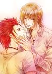  2boys collared_shirt earring earrings hands_on_another&#039;s_face hands_on_another's_face jewelry k_(anime) male male_focus multiple_boys necklace red_hair shirt short_hair sideburns suou_mikoto_(k) totsuka_tatara yaoi 