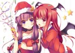  :o ;d alternate_costume bare_shoulders blush christmas collarbone confetti crescent hat head_wings holding koakuma long_hair looking_at_viewer multiple_girls one_eye_closed open_mouth party_popper patchouli_knowledge pointy_ears purple_eyes purple_hair red_eyes red_hair santa_costume santa_hat smile star touhou wings yanagi_yuu 