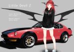  1girl absurdres alternate_costume artist_name bare_legs black_hoodie black_wings blush car closed_mouth clothes_writing commentary_request demon_wings drawstring english_text full_body green_footwear grey_background ground_vehicle hands_in_pockets head_tilt head_wings highres hood hood_down jpeg_artifacts koakuma long_hair long_sleeves low_wings miniskirt motor_vehicle nagata_nagato nissan_fairlady pigeon-toed red_eyes red_hair shoes simple_background skirt solo standing touhou white_skirt wings 