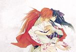  1girl bandages black_hair closed_eyes couple hetero himura_kenshin hug japanese_clothes kamiya_kaoru long_hair ponytail red_hair rurouni_kenshin samurai yugit 