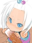  1girl blue_eyes blush chikuwa eating food fukurou_(owl222) gym_leader hair_bobbles hair_ornament highres homika_(pokemon) looking_at_viewer pokemon pokemon_(game) pokemon_bw2 sexually_suggestive solo striped_clothing white_hair 