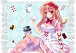  alice_(wonderland) alice_(wonderland)_(cosplay) alice_in_wonderland argyle argyle_background bad_id bad_pixiv_id blush brown_hair card character_doll cosplay cup dress heart holding kuroe_(sugarberry) long_hair looking_at_viewer pandora_hearts playing_card red_eyes ribbon sharon_rainsworth short_hair sitting smile solo striped striped_legwear teacup teapot thighhighs xerxes_break 