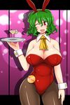  animal_ears ascot bare_shoulders bow bowtie breasts brown_legwear bunny_ears bunny_girl bunnysuit cleavage cocktail curvy detached_collar green_hair kazami_yuuka large_breasts leotard lips lipstick makeup martini one_eye_closed open_mouth pantyhose red_eyes red_leotard short_hair smile solo touhou tray unadare wrist_cuffs 