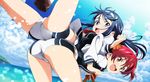  ass ass-to-ass back-to-back bent_over black_hair blue_eyes brown_eyes brown_hair carrying detexted from_behind futaba_aoi_(vividred_operation) hairband highres isshiki_akane leg_lift locked_arms long_hair looking_back lying magazine_scan multiple_girls national_shin_ooshima_school_uniform official_art on_back open_mouth scan school_uniform short_hair short_shorts shorts smile spread_legs stretch tanaka_yuusuke third-party_edit twintails vividred_operation 