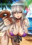  1girl azur_lane bangs beach bikini blue_sky blurry blurry_background blurry_foreground blush breasts choker cleavage cloud collarbone day dunkerque_(azur_lane) eyebrows_visible_through_hair flower giving grey_hair hair_ornament hairband highres jacket large_breasts leaning_forward long_hair looking_at_viewer navel ocean open_clothes open_jacket open_mouth origin_(fefnir_nightload) outdoors palm_tree pink_eyes ponytail purple_bikini sapphire_(stone) sidelocks sky solo sparkle swimsuit thighs tree wet 