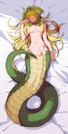  1girl bed bed_sheet blonde_hair cassiopeia cassiopeia_du_couteau egyptian lamia league_of_legends long_hair lying monster_girl oppai photoshop scar snake_tail solo tail topless 