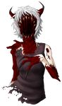  1girl bad_source blood claws dissolving_clothes faceless flesh guro highres horns monster_girl rust_(.flow) sabitsuki sharp_teeth short_hair simple_background solo teeth white_hair 