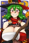  bat breasts cleavage crescent_moon elly ghost grin halloween hat impossible_clothes impossible_shirt kazami_yuuka kurumi_(touhou) large_breasts minigirl moon multiple_girls pumpkin scarf scythe shirt short_hair smile staff strap touhou touhou_(pc-98) unadare witch_hat 