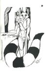  black_and_white cacomistle chester_ringtail_magreer clothed clothing front jewelry long_tail looking_at_viewer male mammal mirror monochrome reflection ringed_tail solo standing table terrie_smith torn_clothing 