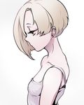  bags_under_eyes bare_shoulders blonde_hair brown_eyes earrings hair_over_one_eye idolmaster idolmaster_cinderella_girls jewelry profile shirasaka_koume short_hair simple_background solo tank_top white_background yuura 