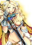  armor bad_id bad_pixiv_id belt bikini_armor blonde_hair breasts cape cleavage code_of_princess crown flower gauntlets ginji74 gradient gradient_background highres large_breasts long_hair open_mouth panties shadow smile solange_blanchefleur_de_luxe solo sword thong underwear wavy_hair weapon white_eyes wide_hips 