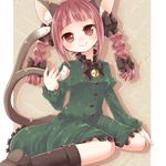  animal_ears bangs bell blunt_bangs boots bow braid cat_ears cat_tail dress forked_tail hair_bow jingle_bell kaenbyou_rin kozakura_(dictionary) multiple_tails red_eyes red_hair revision sitting smile solo tail touhou twin_braids twintails wariza 