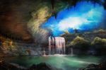  creature highres lake landscape no_humans original red_eyes scenery water waterfall yilx 