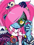  1girl antan bespectacled blue_skin code_of_princess glasses hair_ornament lady_zozo pink_hair red_eyes scarf skull_hair_ornament smile solo spider stitches yellow_eyes zombie 