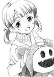  agahari blush child doujima_nanako fang greyscale jack_frost monochrome open_mouth persona persona_4 shin_megami_tensei short_hair short_twintails simple_background smile twintails upper_body white_background 