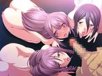  1boy 3girls all_fours ass black_hair blush brown_eyes censored feet game_cg kawai_masaki long_hair looking_up mole multiple_girls nude open_mouth penis purple_hair saliva saliva_trail short_hair standing sweat toes tongue tongue_out 