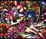  2girls abstract apple blue_eyes blue_hair blue_skin book colorful flower food fruit gradient_hair hair_ornament multicolored_hair multiple_girls ninomae red_eyes ribbon rose scythe smile thighhighs 