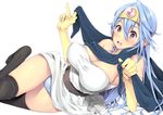  bare_shoulders belt blue_hair blush breasts cape circlet cleavage covered_nipples dragon_quest dragon_quest_iii dress elbow_gloves gloves huge_breasts long_hair lying ookami_ryousuke panties purple_eyes sage_(dq3) solo striped striped_panties thighhighs underwear white_background 