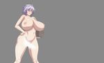 1girl absurdres blush breasts bucket censored grey_background hand_on_hip highres huge_breasts manyuu_hikenchou manyuu_kagefusa navel nude short_hair smile solo wallpaper white_hair 