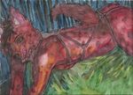  bondage bound female hair harness hendlyd hendlyd_(artist) hyena licking mammal nude raised_tail red_hair tongue tongue_out traditional_media watercolor watercolour 