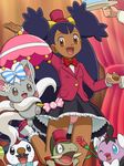  1girl ass_visible_through_thighs axew big_hair bow bowtie brown_eyes cinccino curtains dark_skin dent_(pokemon) flower formal frilled_skirt frills gen_5_pokemon gothita hair_ornament hairclip hat holding_hands iris_(pokemon) jacket leg_lift long_hair looking_at_viewer mary_janes mini_hat mini_top_hat miniskirt open_mouth oshawott panties pantyshot pantyshot_(standing) pink_panties pokemoa pokemon pokemon_(anime) pokemon_(creature) pokemon_bw_(anime) purple_hair red_flower red_rose rose shoes skirt smile socks stage standing standing_on_one_leg top_hat two_side_up umbrella underwear very_long_hair 