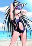  1girl armpits arms_raised arms_up artist_request bare_legs beach black_hair blue_hair blush breasts cleavage collarbone crotchless crotchless_swimsuit cutout danganronpa facial_piercing highres kerokero00frog mioda_ibuki multicolored_hair navel ocean one-peice_swimsuit one-piece_swimsuit piercing pink_hair purple_eyes pussy small_breasts solo super_dangan_ronpa_2 super_danganronpa_2 swimsuit swimswuit uncensored water wet white_hair wink 