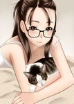  blanket brown_hair camisole cat glasses luna2 mole mole_under_eye original 