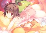  bakemonogatari bed blush breast_press breasts brown_eyes brown_hair camisole hug legs lingerie long_hair looking_at_viewer lying medium_breasts monogatari_(series) mouse on_stomach pig pillow pillow_hug red_eyes sengoku_nadeko short_hair shorts sideboob sleepwear smile solo stuffed_animal stuffed_toy takei_ooki teddy_bear underwear 