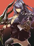  arrow black_legwear blue_hair boots bow_(weapon) breasts cleavage garter_straps gauntlets grin hair_ribbon highres knee_boots medium_breasts monster_hunter monster_hunter_frontier nukkoru red_eyes ribbon smile solo strap_gap thighhighs weapon 