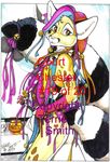  &lt;3 bell bottomless bow butt cacomistle chester_ringtail_magreer harlequin hat jester long_tail looking_at_viewer male mammal mirror necklace paint paintbrush pink_nose reflection ribbons ringed_tail solo spade spots standing terrie_smith 