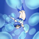  1girl attack bishoujo_senshi_sailor_moon blue_background blue_eyes blue_hair bubble game_center_arashi magical_girl mizuno_ami parody sailor_mercury shabon_spray short_hair solo taka206 