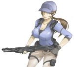  breasts brown_hair cleavage finger_on_trigger fingerless_gloves gloves gun hat headset holding holding_gun holding_weapon jill_valentine large_breasts left-handed long_hair otogi_tetsurou ponytail resident_evil resident_evil_5 revision shotgun solo weapon 