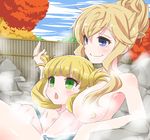  aqua_eyes azuma_ezu between_breasts blonde_hair blue_eyes breasts chestnut_mouth idolmaster idolmaster_cinderella_girls large_breasts mary_cochran multiple_girls onsen ootsuki_yui ponytail 