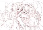  blew_andwhite blush cirno closed_eyes hand_on_another's_face hat kiss luna_child monochrome multiple_girls sketch touhou traditional_media wide-eyed wings yuri 